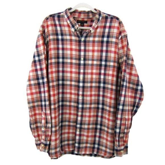 Banana Republic Linen Cotton Blend Blue Orange Plaid Button Down Shirt Mens XXL - Picture 1 of 10